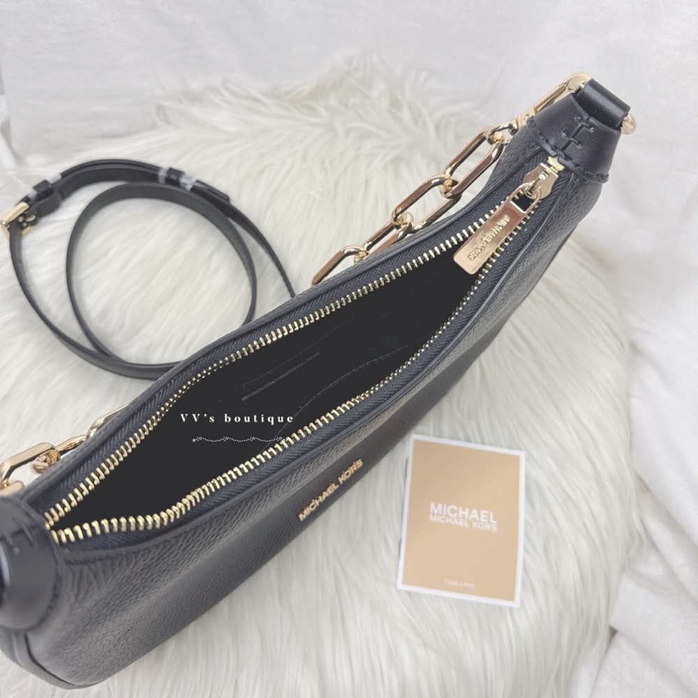 NWT Michael Kors Cora Large Pebbled Leather Chain Link Crossbody Bag Black - Picture 9 of 10